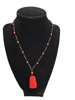 Vintage Chinese Cinnabar? Pendant Necklace Orange Black Beads Silvertone  19"